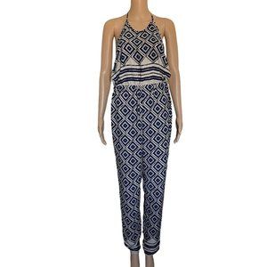 audrey jumpsuit size L beige & blue navy bara back